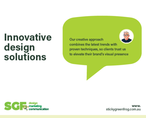 Left-aligned headline 'Innovative design solutions' with a lime speech bubble containing a logo-avatar and a short agency message; SGF logo bottom left and a website URL bottom right.