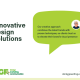 Left-aligned headline 'Innovative design solutions' with a lime speech bubble containing a logo-avatar and a short agency message; SGF logo bottom left and a website URL bottom right.
